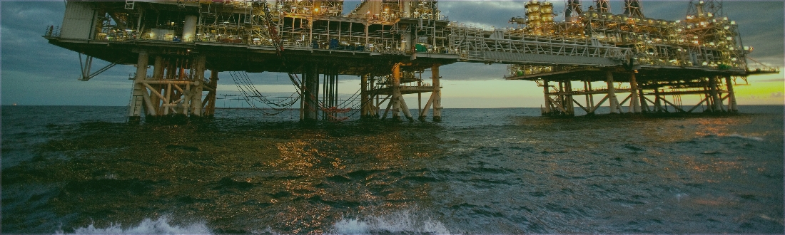 oil production platform as viewed from a boat